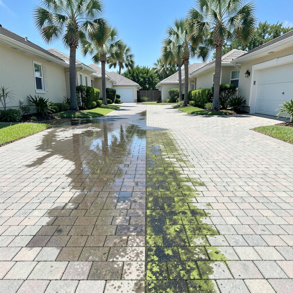 Pressure washing a paver driveway in Brevard County — half cleaned, half still stained