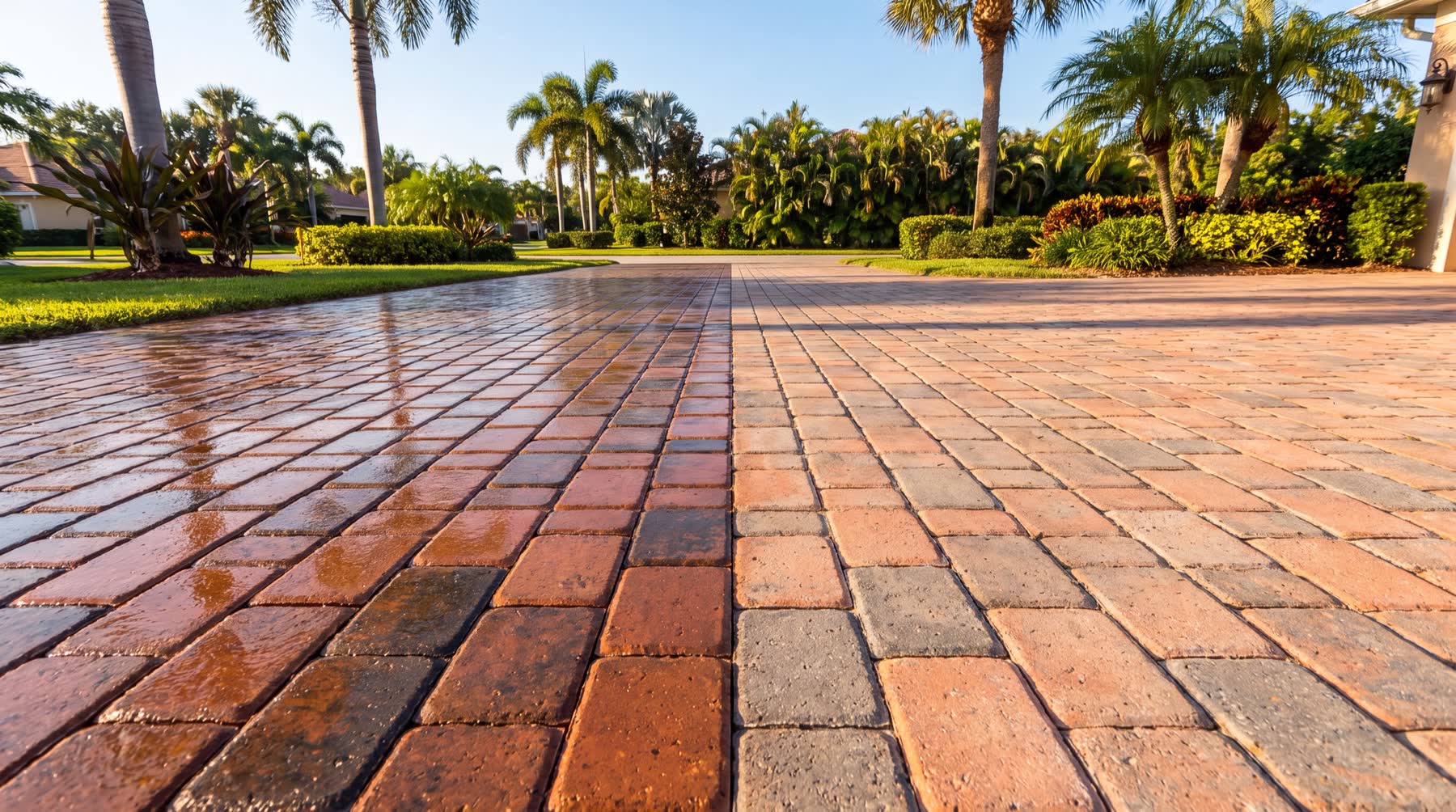 Paver surface with a wet-look sealer applied, deepening the stone color